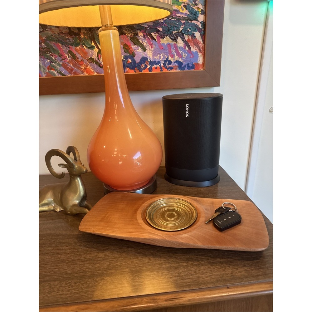 Handcrafted Signed "Gracella" Law Pear Wood Catch-All Tray Brass Inset Plaque